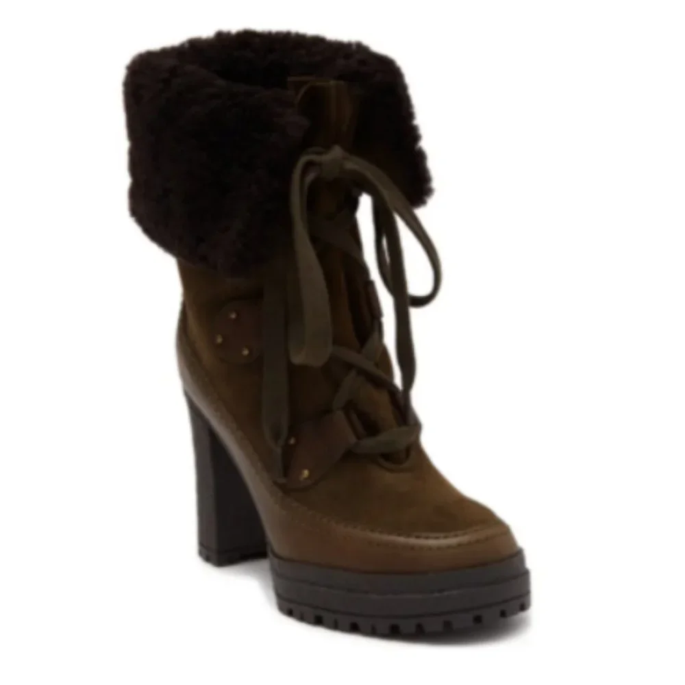 SEE BY CHLOE VERENA PLATFORM GENUINE SHEARLING LINED LACEUP BOOT MSRP $555 SAGE